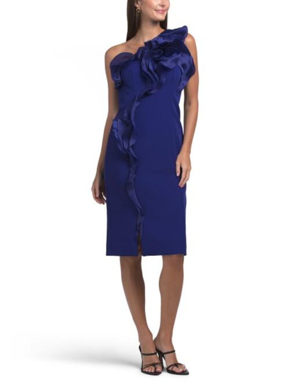 TERI JON Crepe One Shoulder Organza Trim Midi Dress